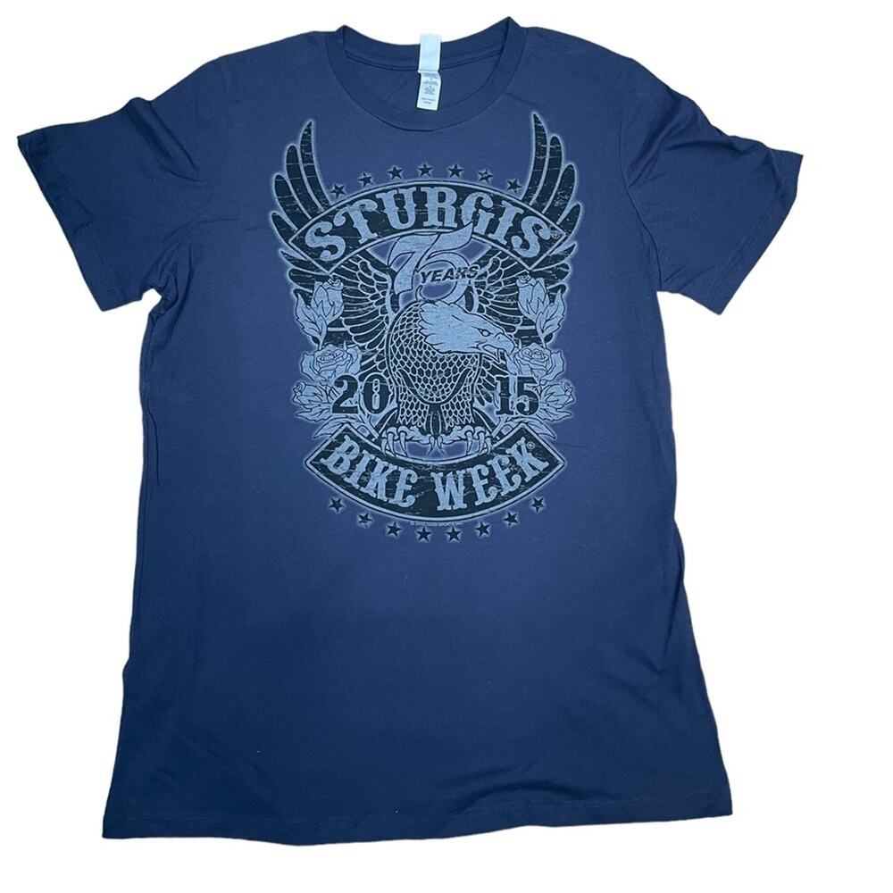 Hot Leathers SHIRT Men L Blue Graphic Sturgis 2015 Bike Week Short Sleeve Casual